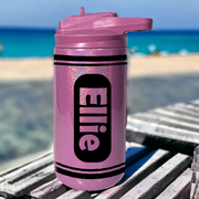 Holographic glitter crayon bottle with 12 oz capacity. Stainless steel lid with flip top spout and removable straw. Cute back to school gift idea fits in backpack and lunch boxes.