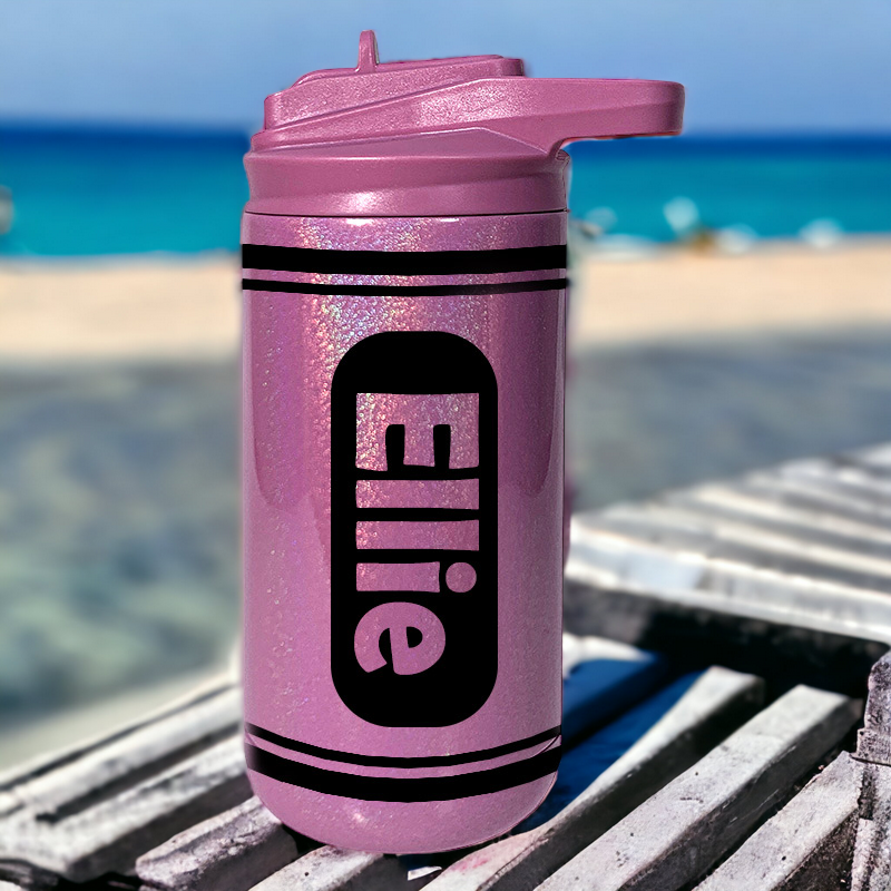 Holographic glitter crayon bottle with 12 oz capacity. Stainless steel lid with flip top spout and removable straw. Cute back to school gift idea fits in backpack and lunch boxes.