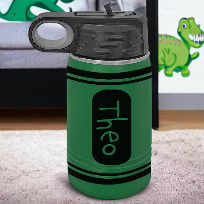 12 oz personalized crayon bottle with flip top lid and straw. Personalized insulated stainless steel color crayon bottle with 8 font choices. Replacement sport bottle lids and straws are available. 