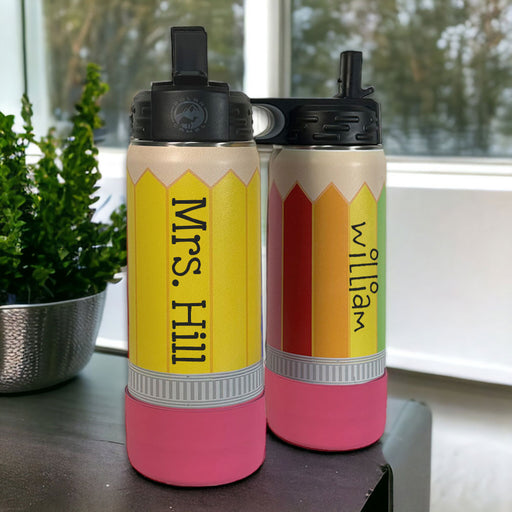 Pencil water bottle design with pink eraser bottle boot. Sport bottle with flip top lid and straw personalized with name or classroom. Custom teacher or bus driver gift for back to school or last day or school. Best practical Christmas gift for teacher