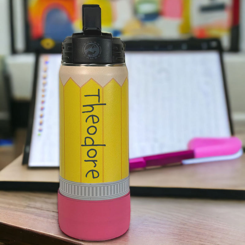 Pencil Kids Water Bottle Personalized Tumbler With Premium Silicone Boot