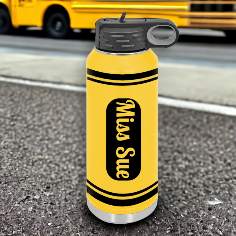 Bright school bus yellow crayon design stainless steel water bottle makes a great teacher gift of bus driver gift. 32 oz capacity insulated crayon tumbler keeps ice cold all day long.