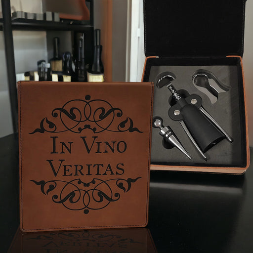 3 piece wine tools in leatherette personalized engraved case