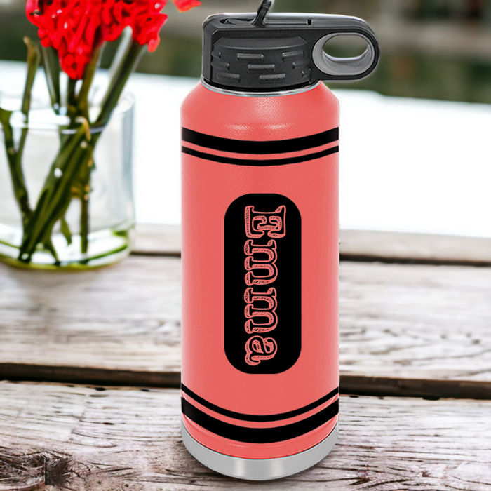 Large capacity 40 oz stainless steel water bottle with crayon design. Holds ice all day long.