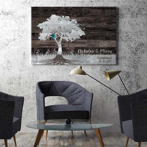Personalized family tree canvas, rustic roots wall art, lovebirds anniversary gift, whitewashed wood decor, customizable wedding artwork, enduring love canvas, family legacy wall decor, rustic wood planks print, personalized family tree gift."
