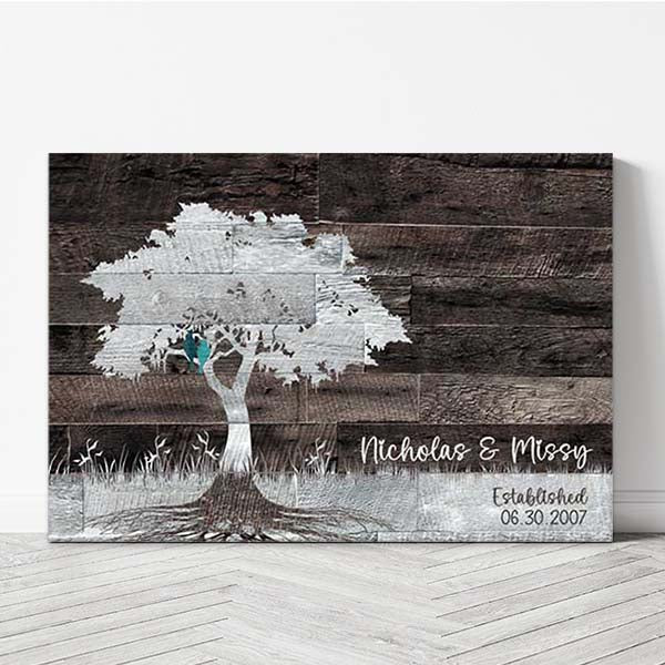 Personalized Family Tree Canvas Print: Rustic Roots and Lovebirds