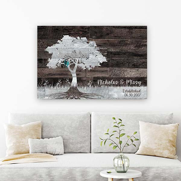 Personalized Family Tree Canvas Print: Rustic Roots and Lovebirds
