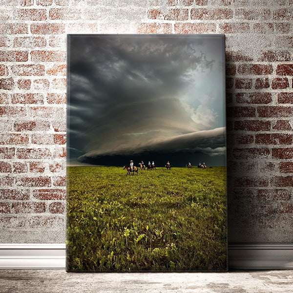Storm Clouds on the Prairie - Horseback Cowboy Photo Canvas print by artist Garrett Osgood