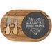 Acacia wood cheese board set with knife and fork, embellished with engraved slate family names and monograms., Cheese tool set