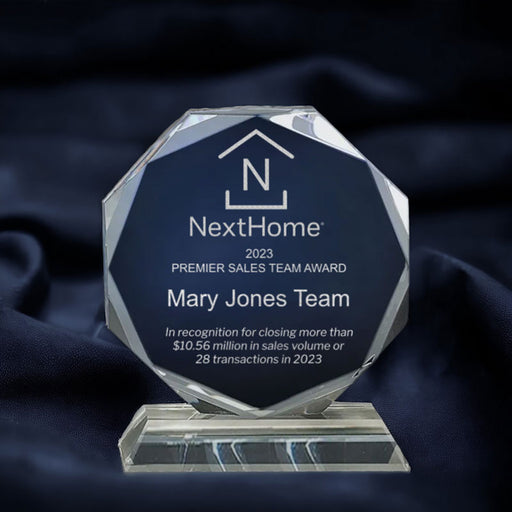 CRY62 NextHome Premier Sales Team Award - Faceted 6" Crystal Octagon Award on Crystal Pedestal
