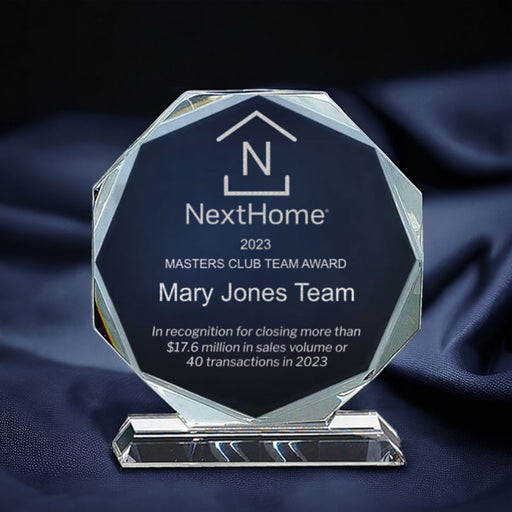 CRY63 NextHome Masters Club Team Award - Faceted 7.25" Crystal Octagon Award on Crystal Pedestal