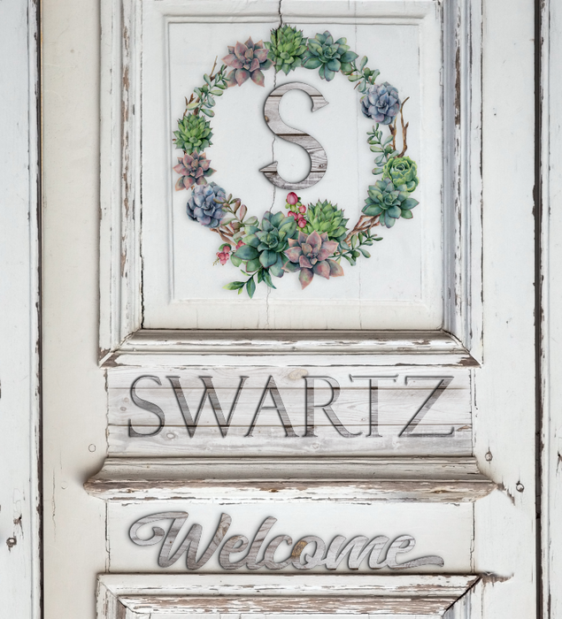 Canvas Wall Decor - Custom Monogram Succulent Wreath on Weathered Wood Door