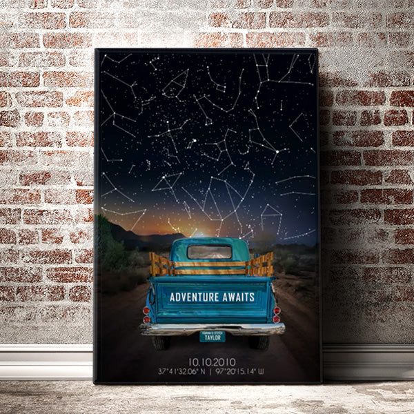 Custom Star Map Vintage Truck Canvas Print - Personalized Night Sky Art for Memorable Occasions