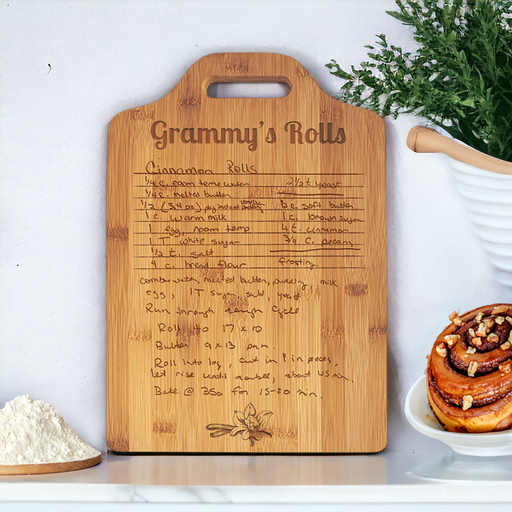 Upload your recipe card for an engraved recipe cutting board. Choose handwritten recipe or write your recipe with our online design tool. Grandma's handwriting or mom's handwriting makes a sentimantal gift for loss , Christmas, or Mother's Day