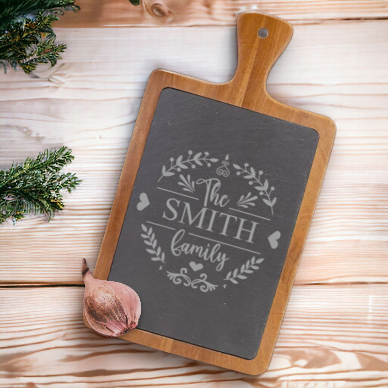 Personalized engraved slate and acacia wood cutting board wedding gift, cheese knife set, beer flights