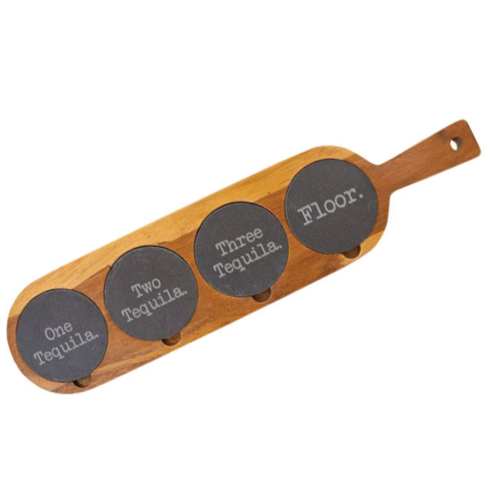 Acacia wood beer flight set with engraved slate, displaying unique family names and monograms on each slate.