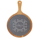 Small Round acacia wood board with handle and engraved slate, personalized with family names and monograms."