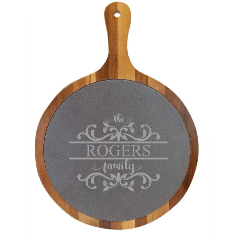 Large Round acacia wood board with handle and engraved slate, personalized with family names and monograms."