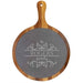 Large Round acacia wood board with handle and engraved slate, personalized with family names and monograms."