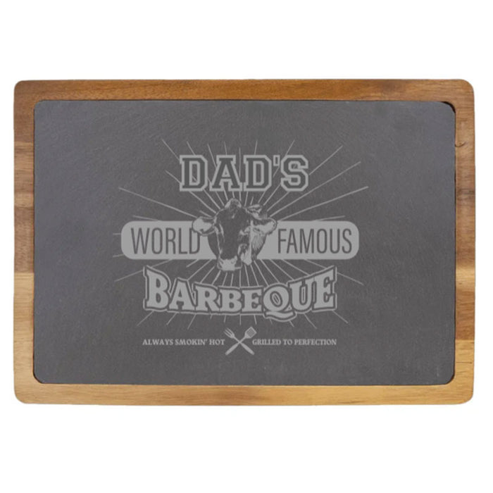 Rectangular acacia wood and slate cutting or charcuterie board with engraved slate, showcasing elegant family names and monograms