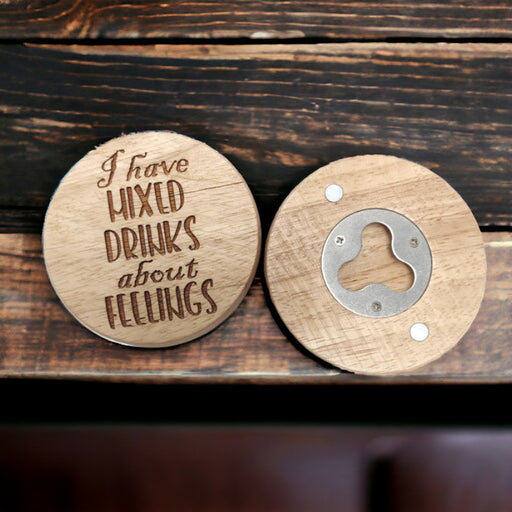 Engraved wood funny saying magnets with bottle opener - round