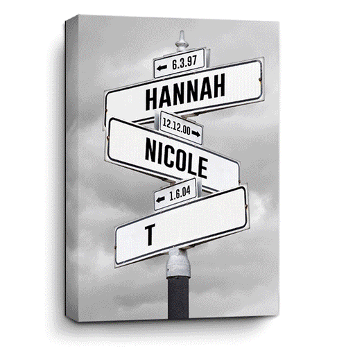 Family name Street Sign Canvas Wall art changeable background - choose from gray clouds, a cloudy rainbow, the dark hedges tree row, sunny rays, the milky way starry  night, of the northern lights. Add your family names.
