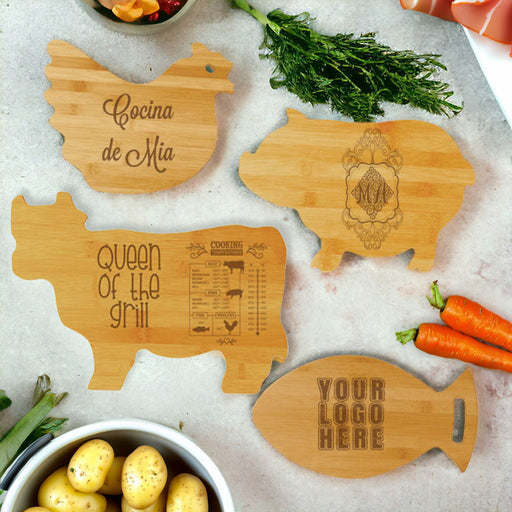 Personalized Custom bamboo cutting board showcasing engraved options: custom text, family name, monogram, meat cooking temperature chart, and kitchen conversion chart. Animal shapes include chicken, pig, cow, and fish