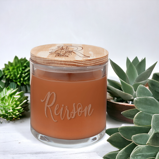 personalized Glass Jar candle with engraved wood lid