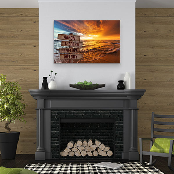 Personalized Sunset Beach Shoreline Canvas Family Name Sign Wall Art
