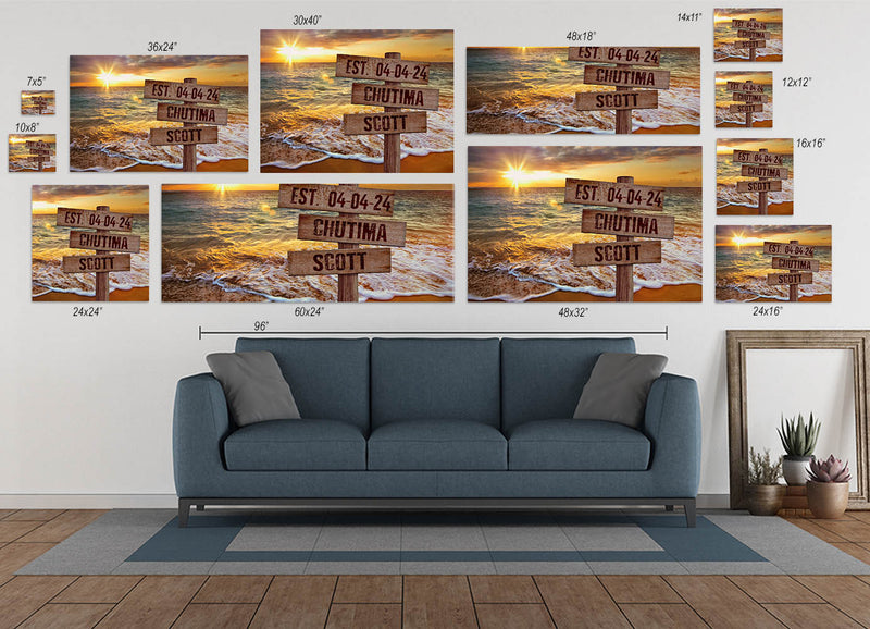 Personalized Beach Sunset Canvas Wall Art with Wooden Custom Name Street Sign