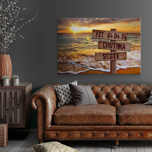 Personalized Beach Sunset Canvas Wall Art with Wooden Custom Name Street Sign