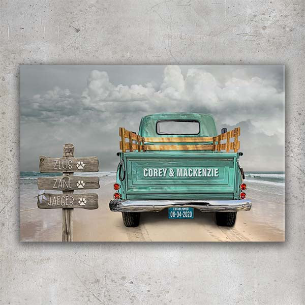 Personalized Vintage Truck Canvas Print | Ocean Beach & Cloudy Sky Edition
