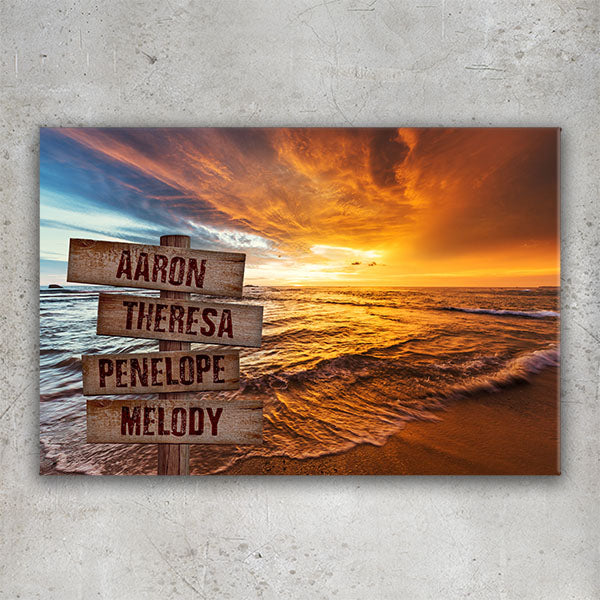 Personalized Sunset Beach Shoreline Canvas Family Name Sign Wall Art