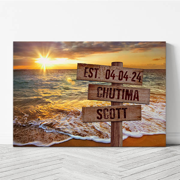 Personalized Beach Sunset Canvas Wall Art with Wooden Custom Name Street Sign