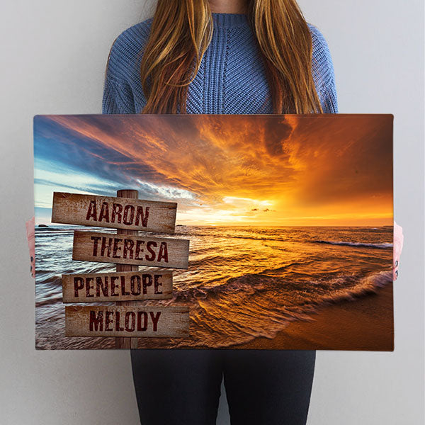 Personalized Sunset Beach Shoreline Canvas Family Name Sign Wall Art