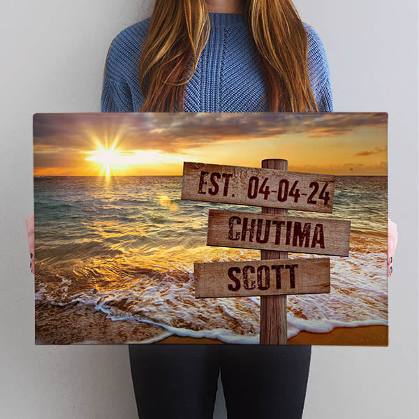 Personalized Beach Sunset Canvas Wall Art with Wooden Custom Name Street Sign