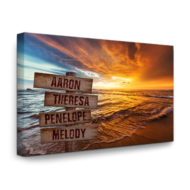 Personalized Sunset Beach Shoreline Canvas Family Name Sign Wall Art