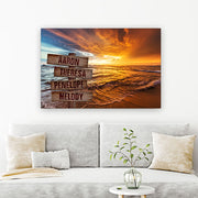 Beach sunset canvas wall art - family name gift with personalized sign