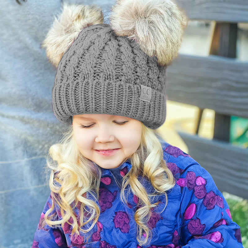 KIDS Cable Knit Double Fur Pom Beanie KIDS2055