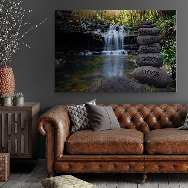 Personalized Waterfall Forest Canvas Wall Art - Engraved Names on Stacked Stones