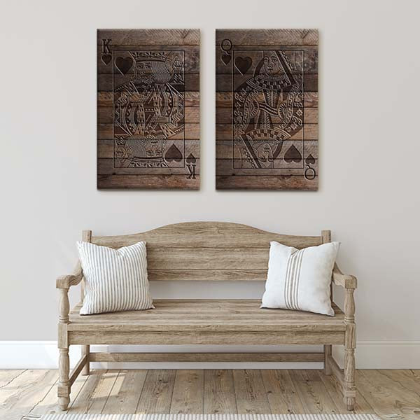Couples Artwork for Bedroom - King and Queen of Hearts Carved Wood Look Canvas