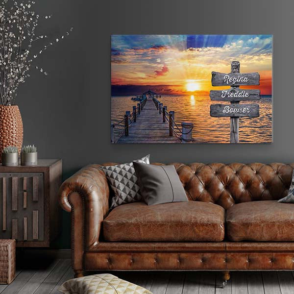 Sunset ocean memorial canvas, personalized remembrance art, tranquil memorial wall decor, old wooden dock sunset canvas, digitally engraved style, everlasting tribute artwork, ocean sunset memorial gift, personalized memorial canvas, serene remembrance wall art
