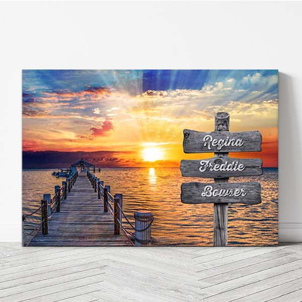 Personalized Family Name Sign Wall Art - Ocean Dock at Sunset Canvas