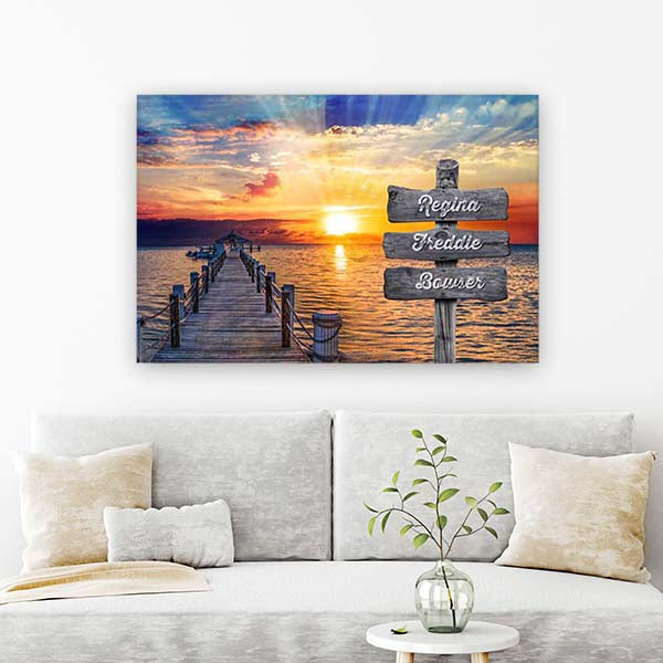 Personalized Family Name Sign Wall Art - Ocean Dock at Sunset Canvas