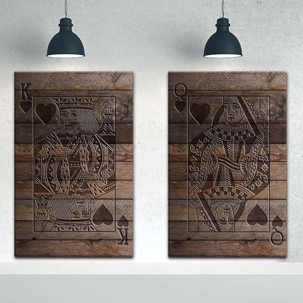 Faux Wood Playing Card Art Canvas Set, featuring the Queen of Hearts, the perfect gift for couples who play cards.