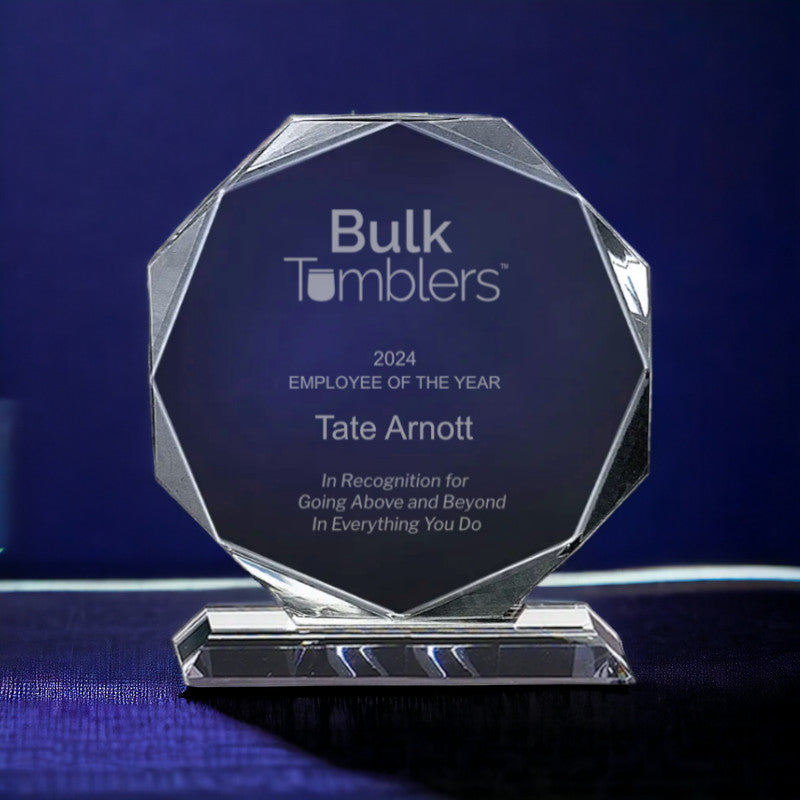 Large faceted crystal octagon 8in award on pedestal base CRY64