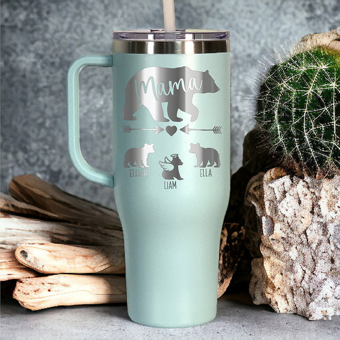 Personalized Valentines 40 oz Handle Tumbler Mama Bear Angel Cub 40 oz Tumbler with Handle - Can custom add names for big bear like Stanley. Valentine's Day Gift for Mom or Grandma