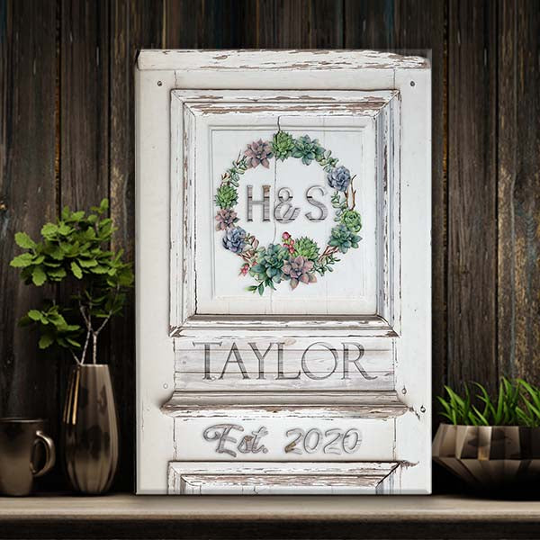 Canvas Wall Decor - Custom Monogram Succulent Wreath on Weathered Wood Door