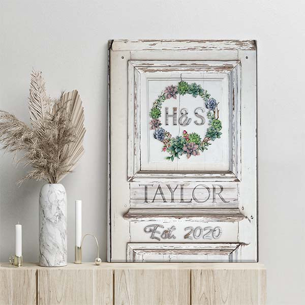 Canvas Wall Decor - Custom Monogram Succulent Wreath on Weathered Wood Door