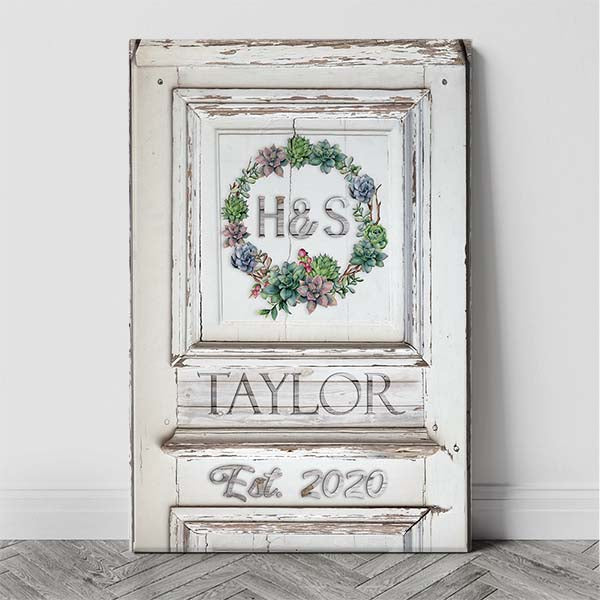 Canvas Wall Decor - Custom Monogram Succulent Wreath on Weathered Wood Door
